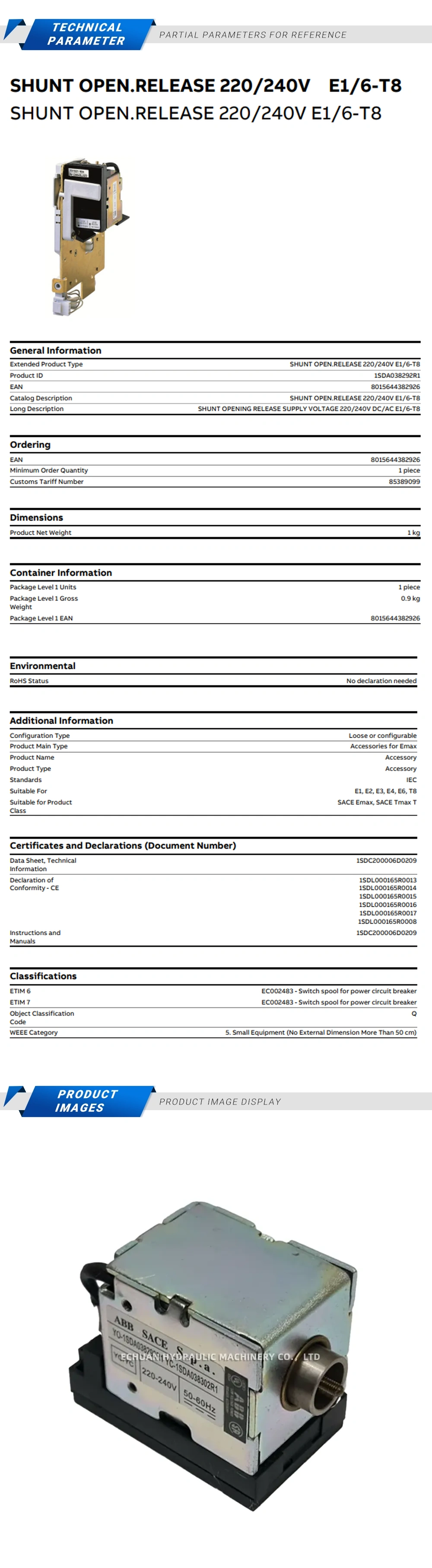 ABB YO-1SDA038292R1 YC-1SDA038302R1 coil Description