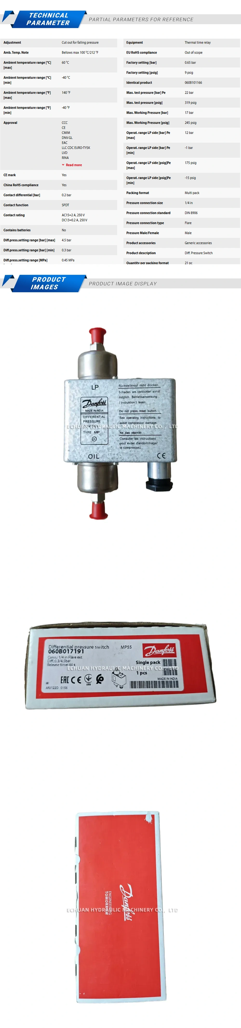 Danfoss 060B017191 Differential Pressure Switch Description