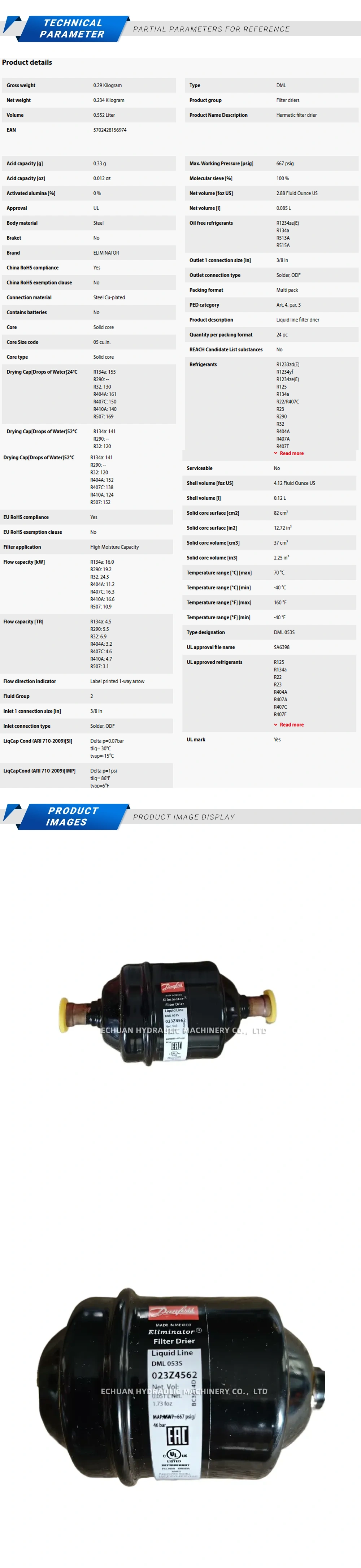 Danfoss DML053S 023Z4562 Filter Drier Description
