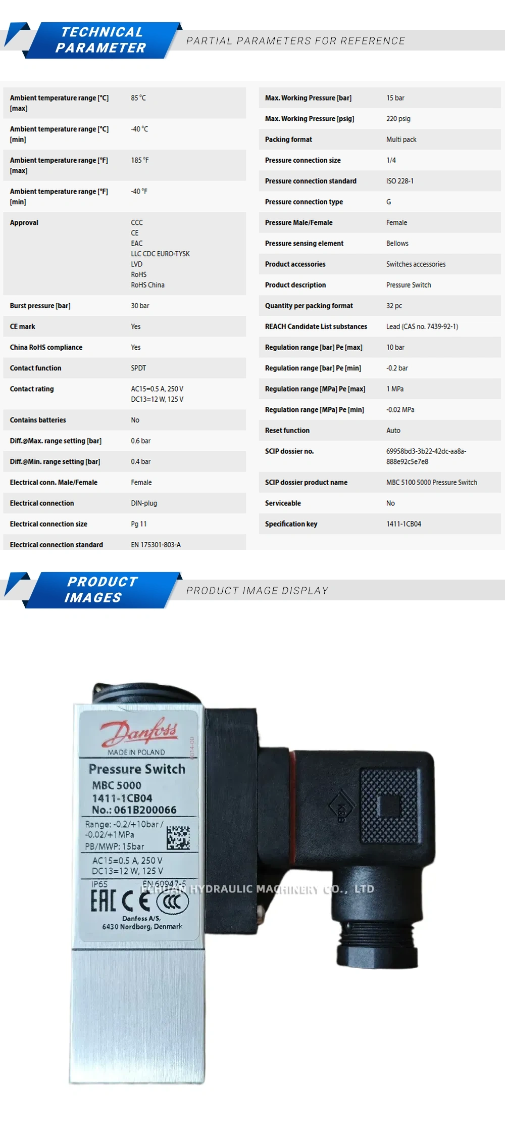 Danfoss MBC 5000 061B200066 Pressure Switch Description