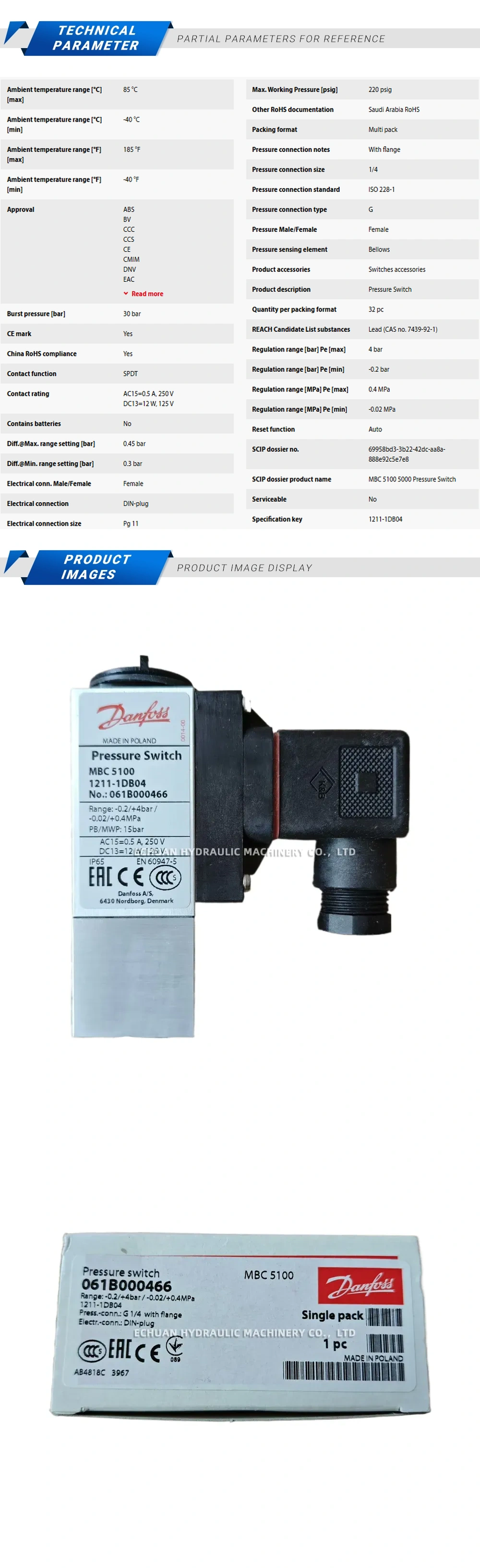 Danfoss MBC5100 061B000466 Pressure Switch Description