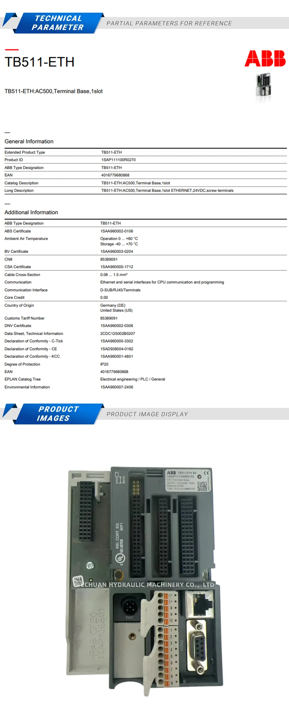 ABB TB511-ETH Programming module CPU baseboard Description