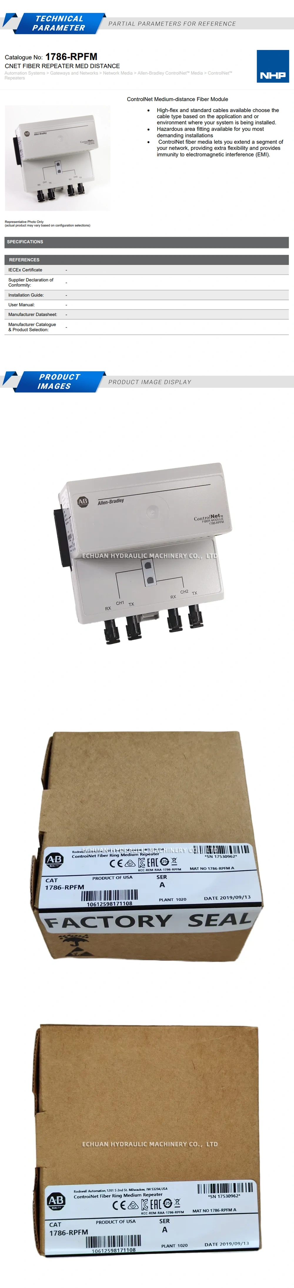 Allen-Bradley 1786-RPFM ControiNet Fiber Ring Medium Repeater Description