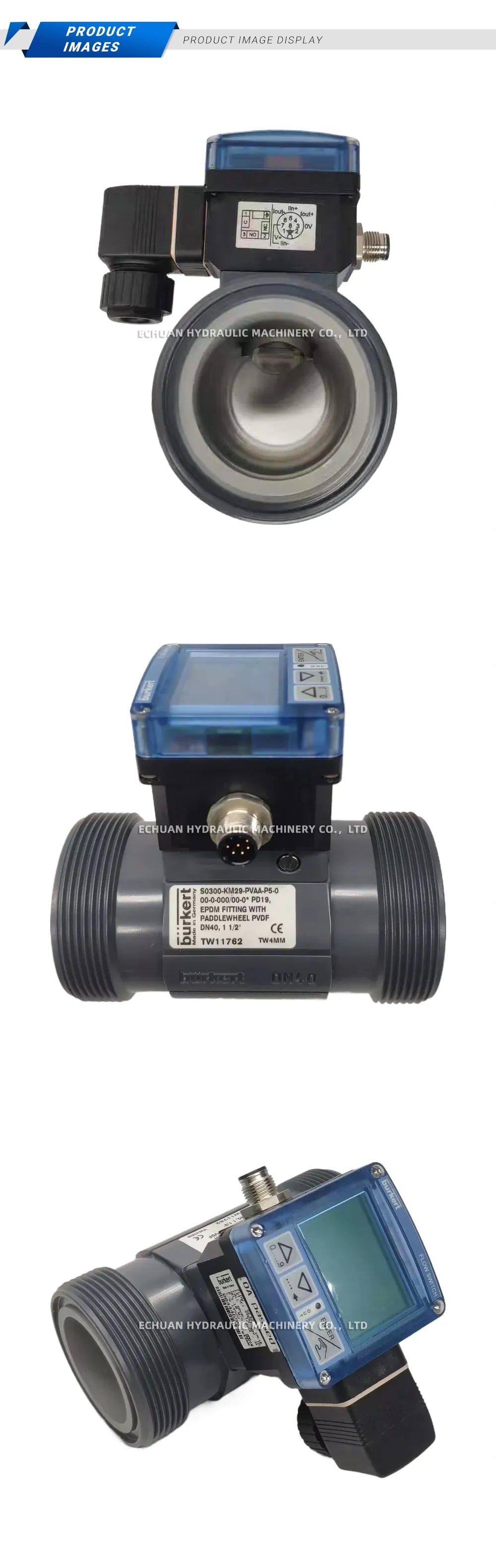 Burkert S0300-KM29-PVAA-P5-0 Inline Paddlewheel Flow Switch Description
