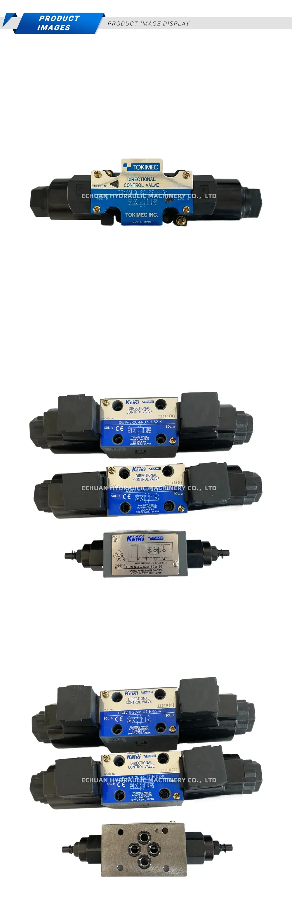 Tokimec / Tokyo Keiki DG4SM-3-2C-P7-H-54, DG4V-3-2C-M-U7-H-52-K, TGMFN-3-X-A2W-B2W-50 Hydraulic Directional Control Valve / Flow Control Valve Description