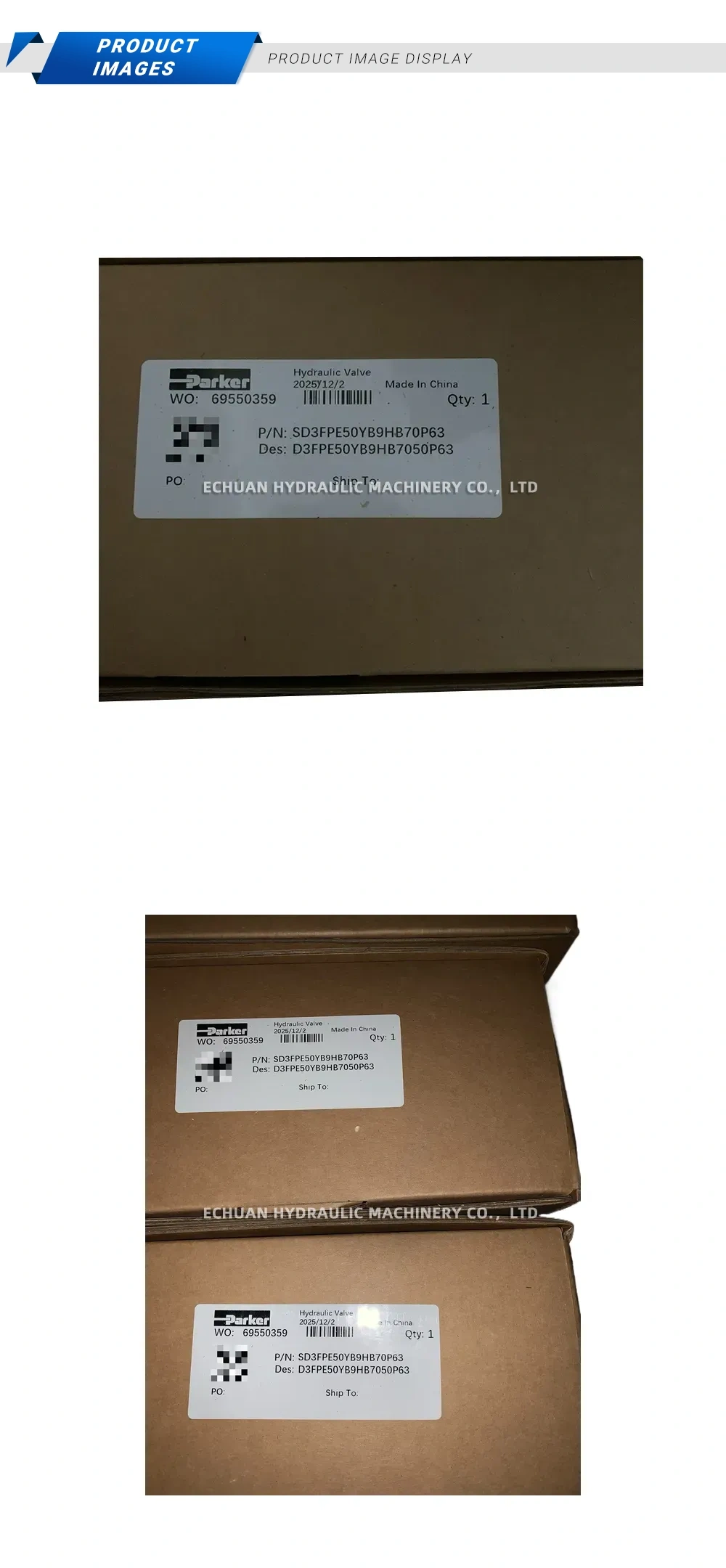 Parker SD3FPE50YB9HB70P63 Hydraulic Valve Description