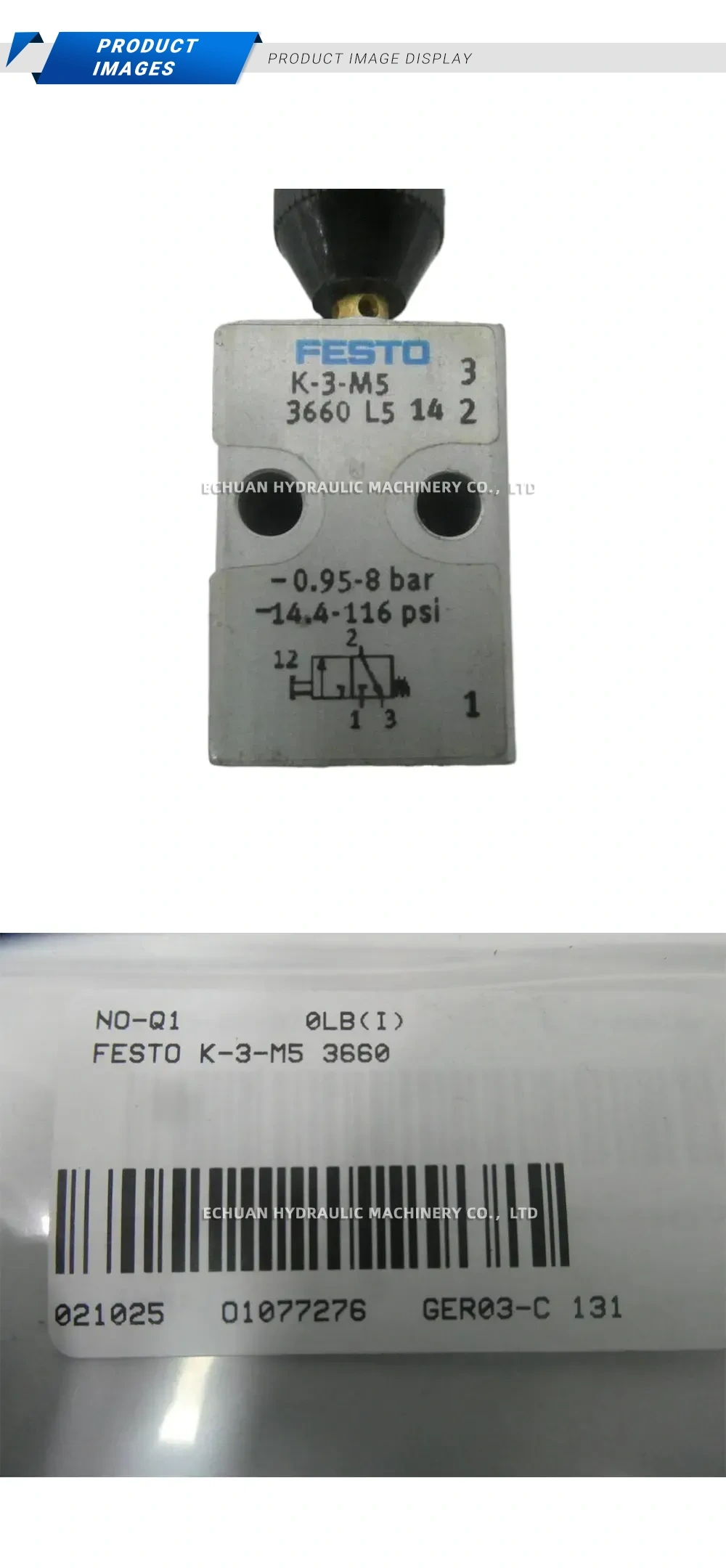 Festo K-3-M5 (3660) Pneumatic Manual Control Valve (Push-Button Valve) Description