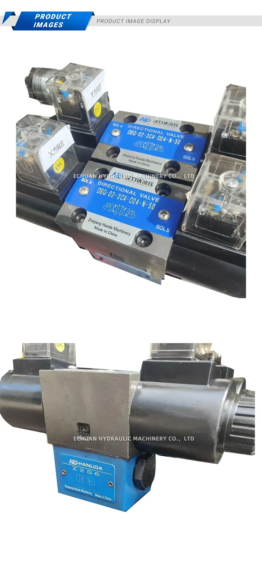 HANLIDA DSG-02-3C4-D24-N-50 / Z2S6 / MBRV-02P-L / MTCV-02W-X Hydraulic Solenoid Directional Valve Assembly with Modular Valve Stack Description