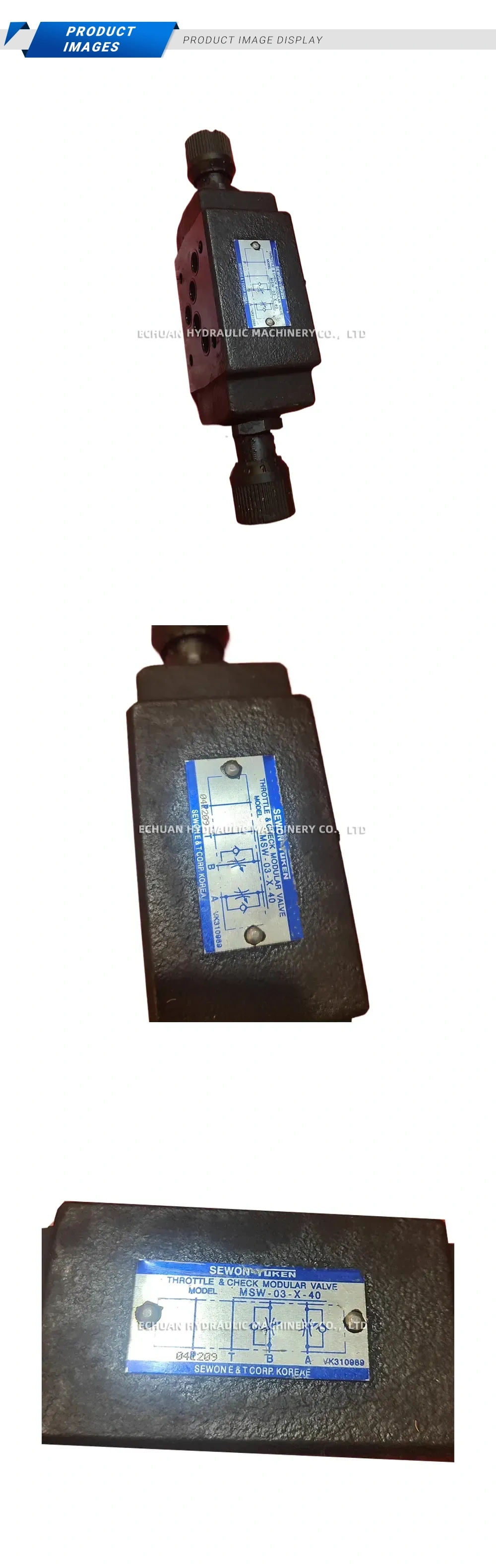Sewon Yuken MSW-03-X-40 Hydraulic Throttle & Check Modular Valve Description